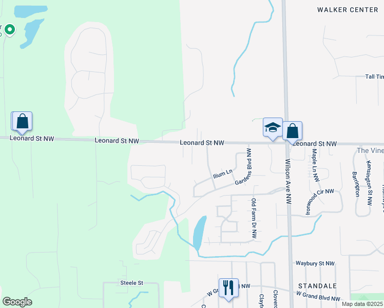 map of restaurants, bars, coffee shops, grocery stores, and more near 1126 West Leonard Court in Grand Rapids