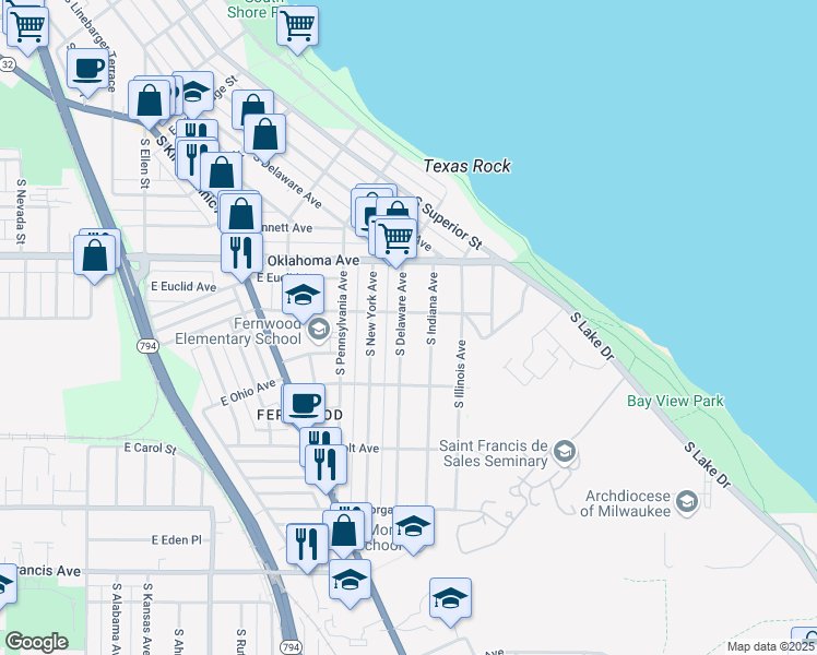map of restaurants, bars, coffee shops, grocery stores, and more near 3247 South Delaware Avenue in Milwaukee