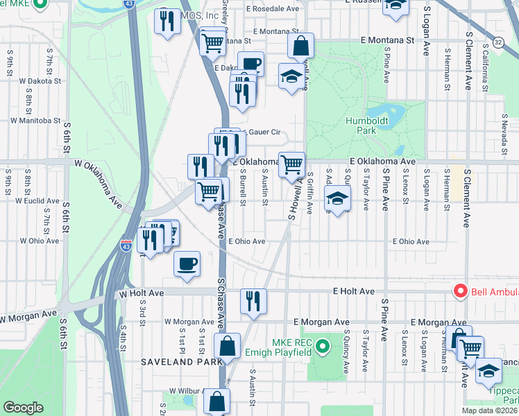 map of restaurants, bars, coffee shops, grocery stores, and more near 3255 South Austin Street in Milwaukee