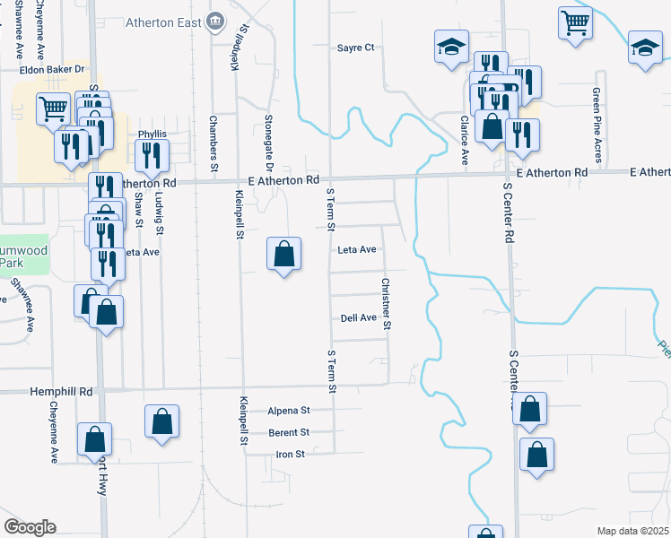 map of restaurants, bars, coffee shops, grocery stores, and more near 3113 South Term Street in Burton