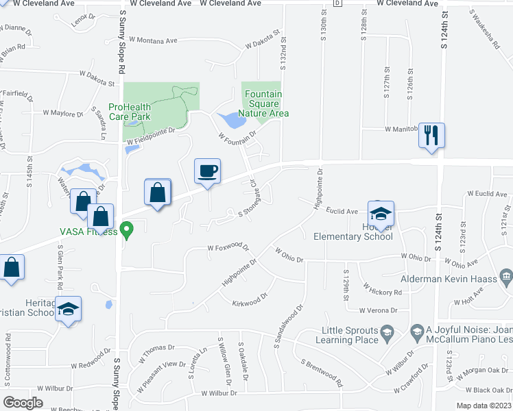map of restaurants, bars, coffee shops, grocery stores, and more near 3450 South Stonegate Circle in New Berlin