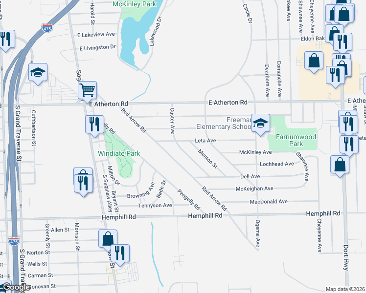 map of restaurants, bars, coffee shops, grocery stores, and more near 4210 Custer Avenue in Flint