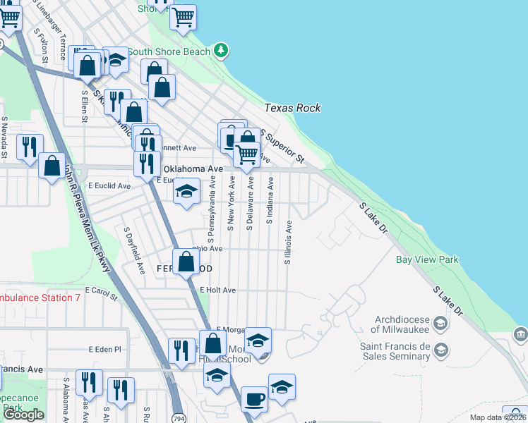 map of restaurants, bars, coffee shops, grocery stores, and more near 3247 South Indiana Avenue in Milwaukee