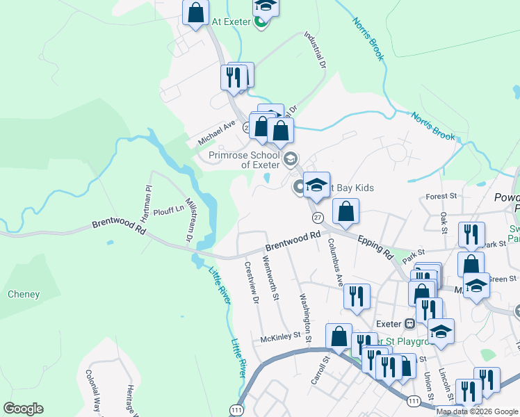 map of restaurants, bars, coffee shops, grocery stores, and more near 1 Penn Lane in Exeter