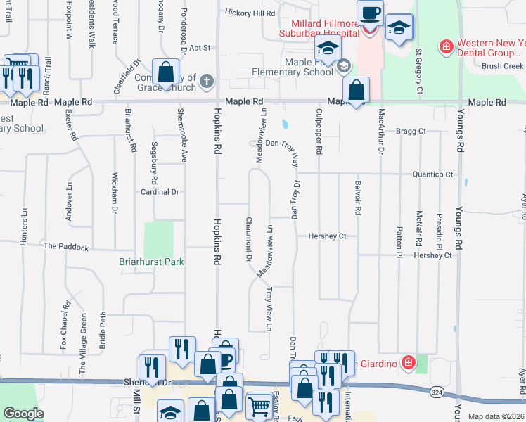 map of restaurants, bars, coffee shops, grocery stores, and more near 153 Meadowview Lane in Buffalo