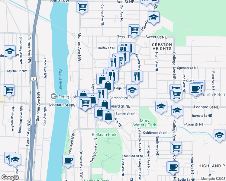 map of restaurants, bars, coffee shops, grocery stores, and more near 110 Page Street Northeast in Grand Rapids