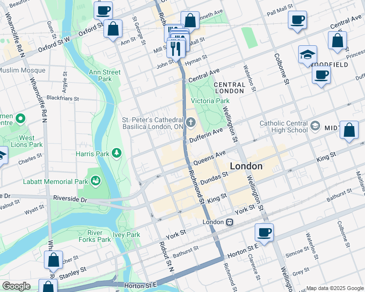 map of restaurants, bars, coffee shops, grocery stores, and more near 465 Richmond Street in London
