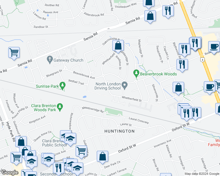 map of restaurants, bars, coffee shops, grocery stores, and more near 1166 Whetherfield Street in London
