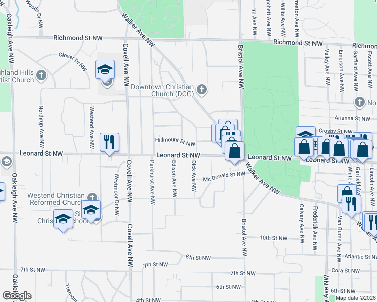 map of restaurants, bars, coffee shops, grocery stores, and more near 1810 Leonard Street Northwest in Grand Rapids