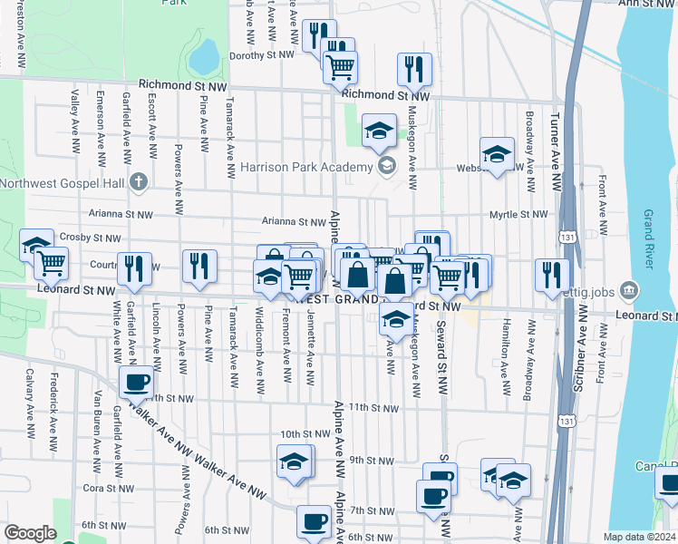 map of restaurants, bars, coffee shops, grocery stores, and more near 1232 Alpine Avenue Northwest in Grand Rapids