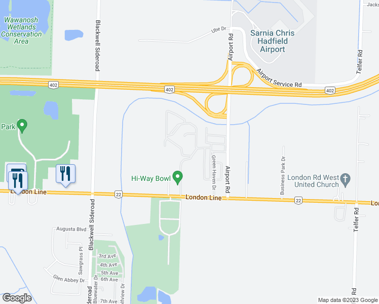 map of restaurants, bars, coffee shops, grocery stores, and more near 1940 London Line in Sarnia