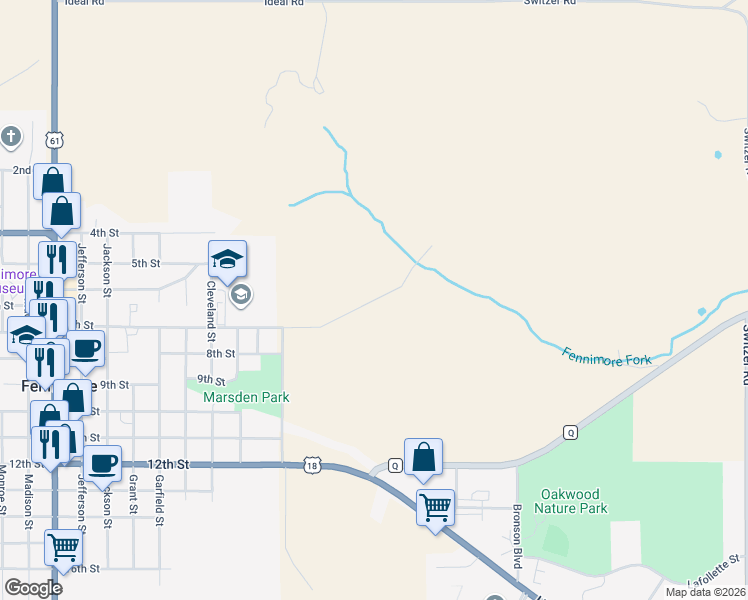 map of restaurants, bars, coffee shops, grocery stores, and more near Hahn Lane in Fennimore