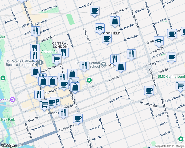 map of restaurants, bars, coffee shops, grocery stores, and more near 374 Dundas Street in London