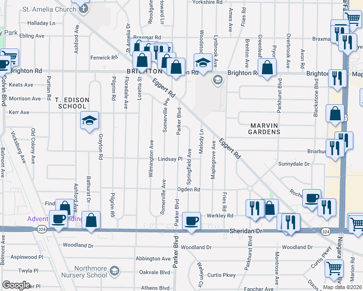 map of restaurants, bars, coffee shops, grocery stores, and more near 1739 Parker Boulevard in Tonawanda