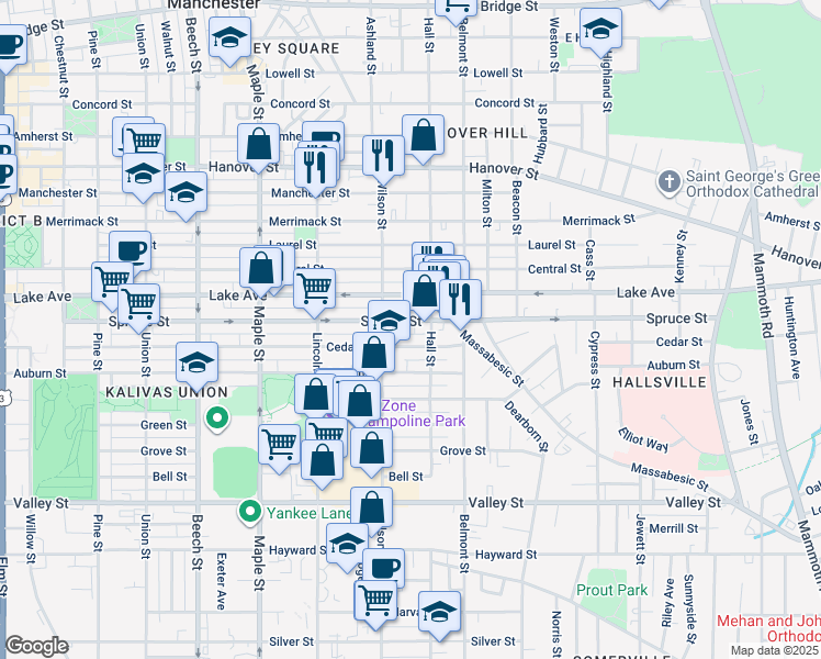 map of restaurants, bars, coffee shops, grocery stores, and more near 425 Lake Avenue in Manchester