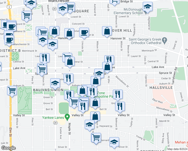 map of restaurants, bars, coffee shops, grocery stores, and more near 373 Lake Avenue in Manchester