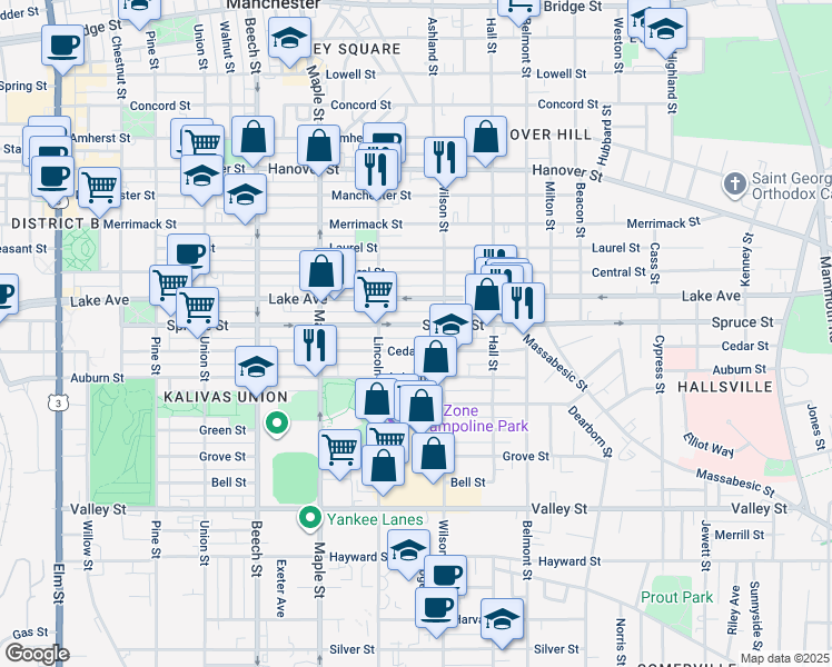map of restaurants, bars, coffee shops, grocery stores, and more near 373 Lake Avenue in Manchester