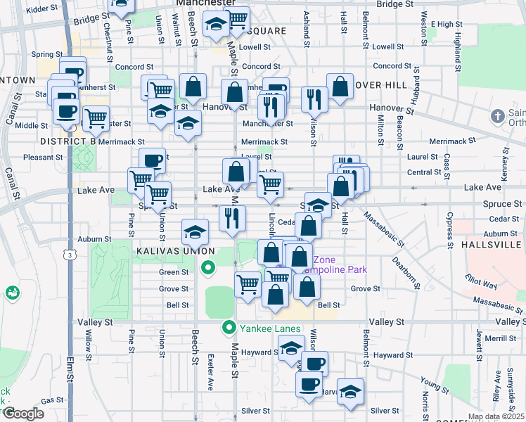 map of restaurants, bars, coffee shops, grocery stores, and more near 345 Lake Avenue in Manchester