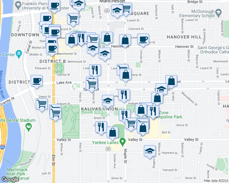 map of restaurants, bars, coffee shops, grocery stores, and more near 285 Lake Avenue in Manchester