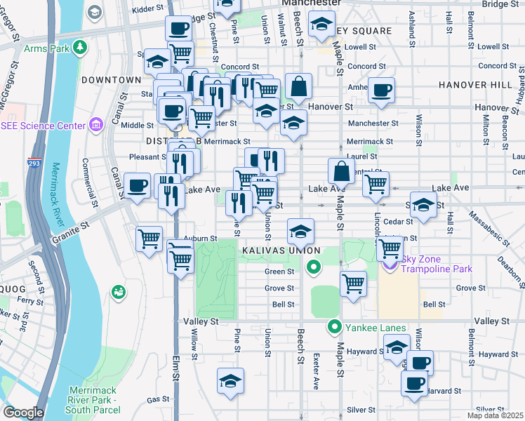 map of restaurants, bars, coffee shops, grocery stores, and more near 177 Lake Avenue in Manchester