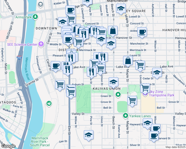 map of restaurants, bars, coffee shops, grocery stores, and more near 177 Lake Avenue in Manchester