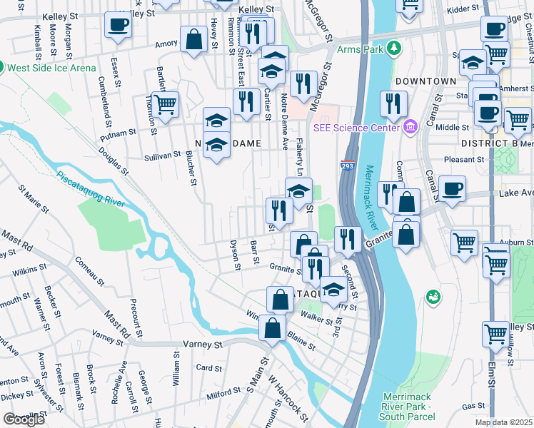 map of restaurants, bars, coffee shops, grocery stores, and more near 78 Cartier Street in Manchester