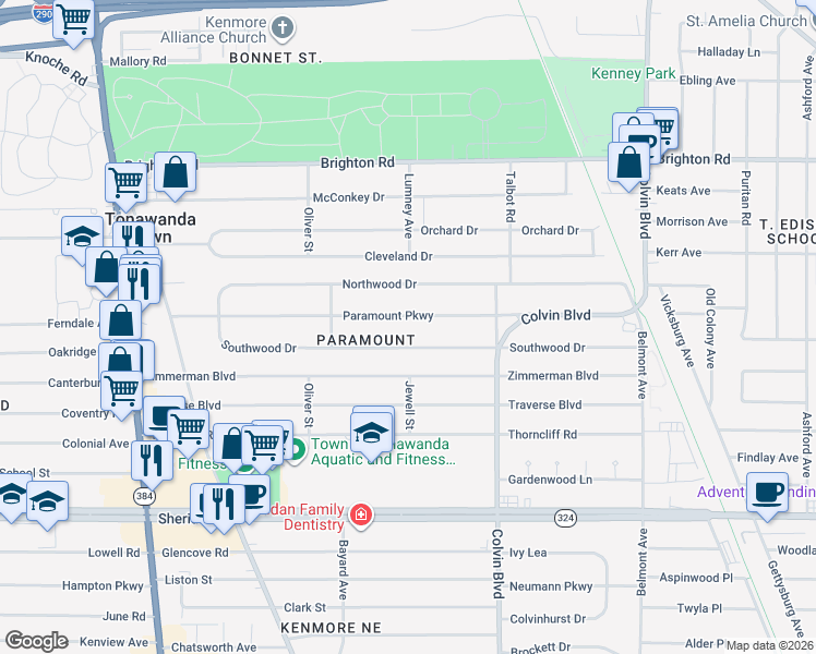 map of restaurants, bars, coffee shops, grocery stores, and more near 238 Paramount Parkway in Buffalo