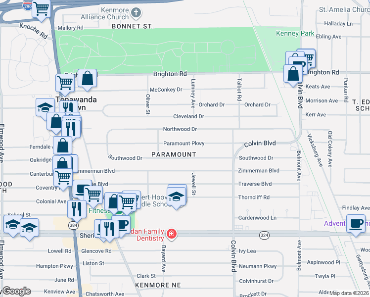 map of restaurants, bars, coffee shops, grocery stores, and more near 238 Paramount Parkway in Buffalo