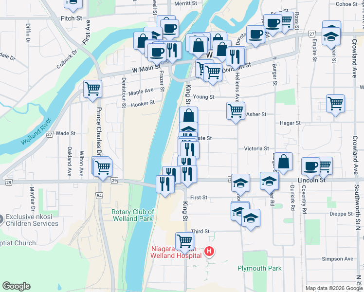 map of restaurants, bars, coffee shops, grocery stores, and more near in Welland