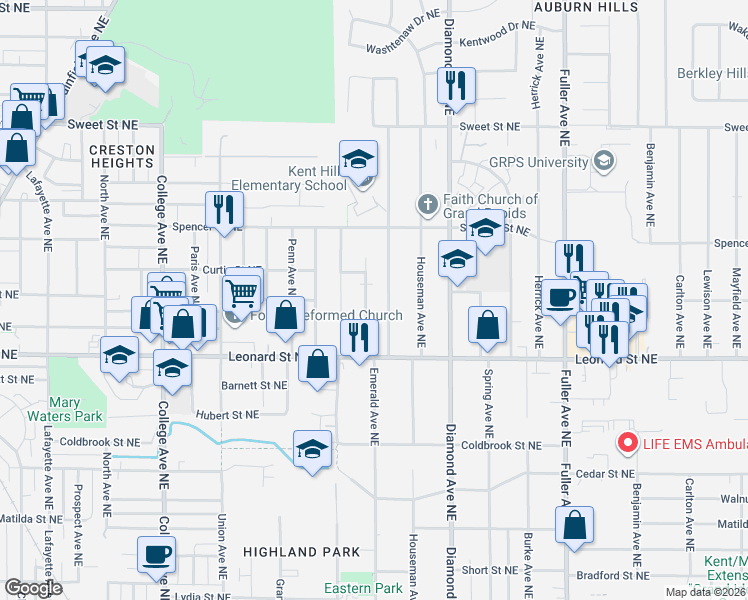 map of restaurants, bars, coffee shops, grocery stores, and more near 1336 Northfield Avenue Northeast in Grand Rapids