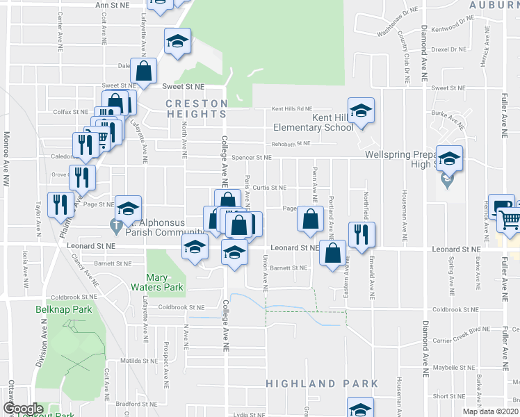 map of restaurants, bars, coffee shops, grocery stores, and more near 1320 Union Avenue Northeast in Grand Rapids