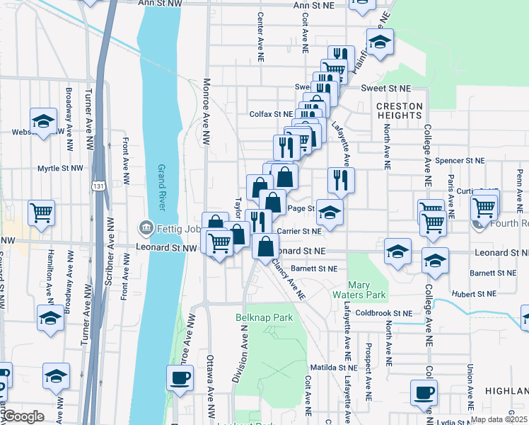 map of restaurants, bars, coffee shops, grocery stores, and more near 50 Grove Street Northeast in Grand Rapids
