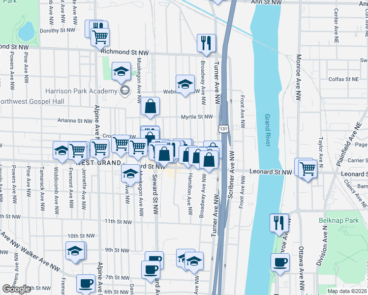 map of restaurants, bars, coffee shops, grocery stores, and more near 1312 Hamilton Avenue Northwest in Grand Rapids