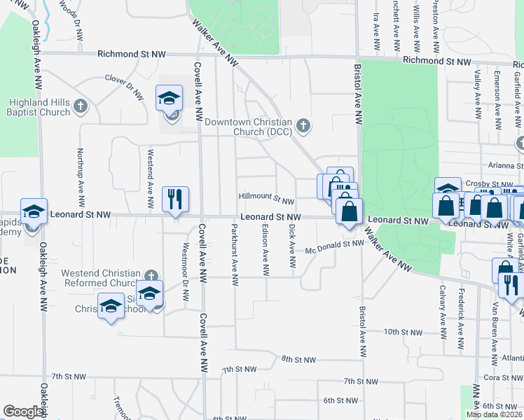 map of restaurants, bars, coffee shops, grocery stores, and more near 1841 Hillmount Street Northwest in Grand Rapids
