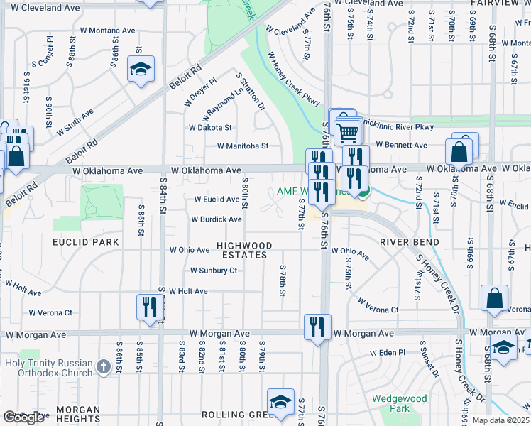 map of restaurants, bars, coffee shops, grocery stores, and more near 3141 South 77th Street in Milwaukee