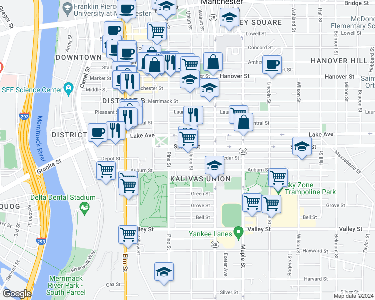 map of restaurants, bars, coffee shops, grocery stores, and more near 149 Spruce Street in Manchester