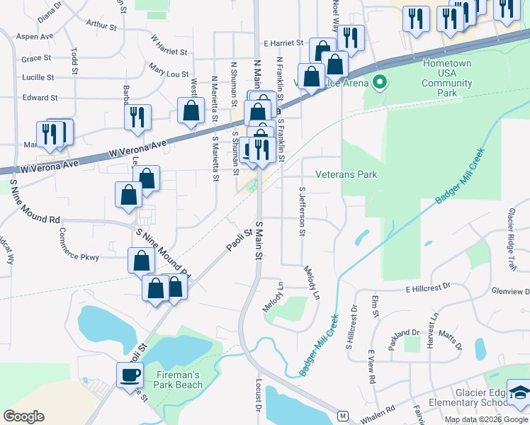 map of restaurants, bars, coffee shops, grocery stores, and more near 320 County Highway M in Verona