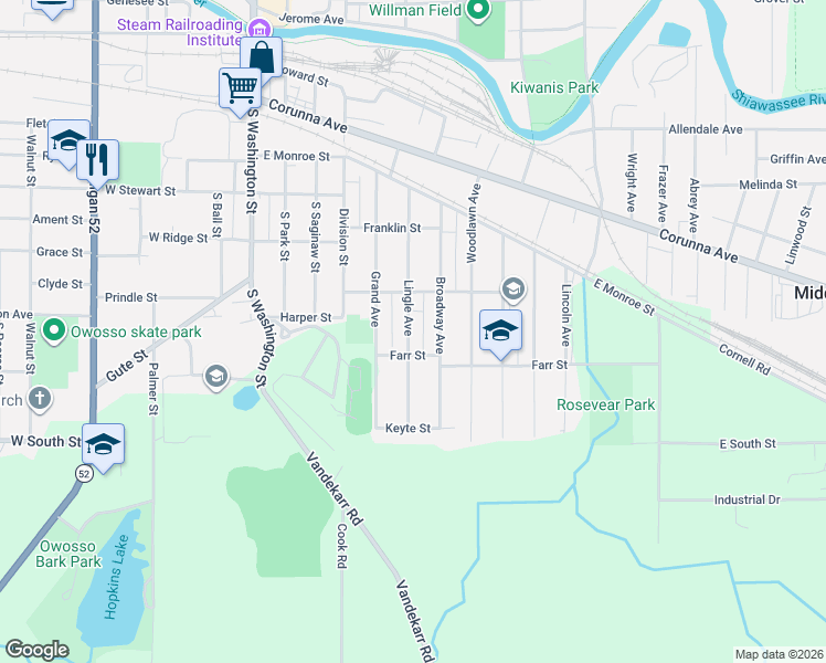 map of restaurants, bars, coffee shops, grocery stores, and more near 826 Lingle Avenue in Owosso
