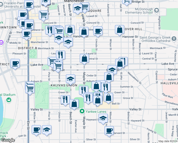 map of restaurants, bars, coffee shops, grocery stores, and more near 269 Spruce Street in Manchester
