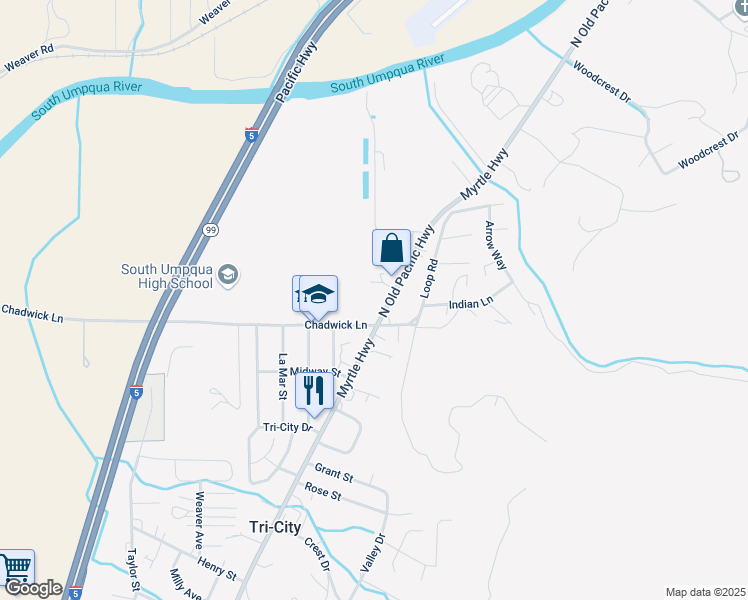 map of restaurants, bars, coffee shops, grocery stores, and more near 153 North Old Pacific Highway in Myrtle Creek
