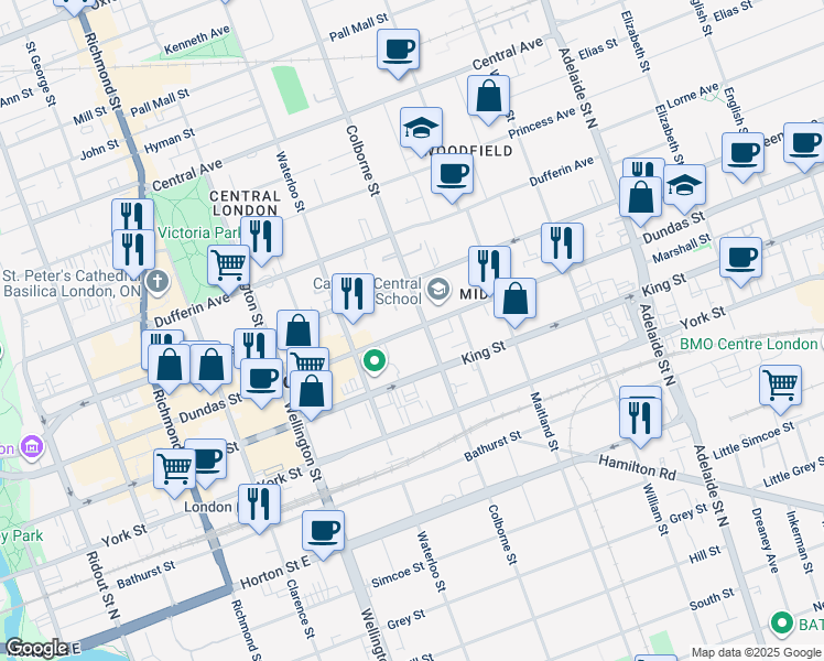map of restaurants, bars, coffee shops, grocery stores, and more near Dundas Street in London