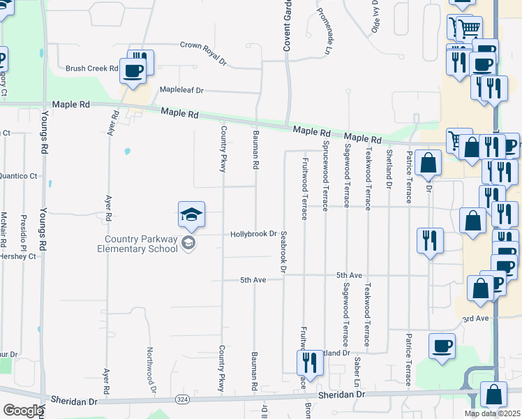map of restaurants, bars, coffee shops, grocery stores, and more near 305 Bauman Road in Buffalo
