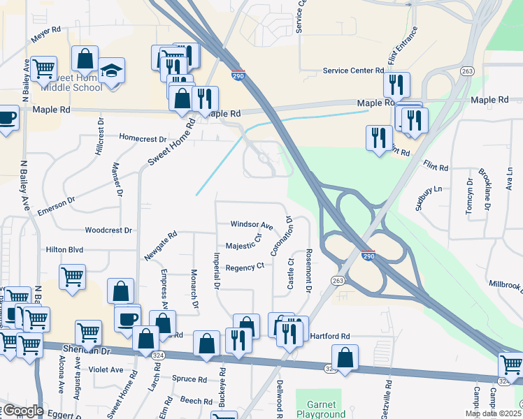 map of restaurants, bars, coffee shops, grocery stores, and more near 245 Coronation Drive in Buffalo