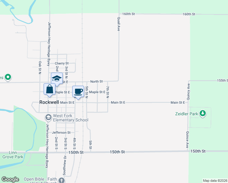 map of restaurants, bars, coffee shops, grocery stores, and more near 704 Elm Street East in Rockwell