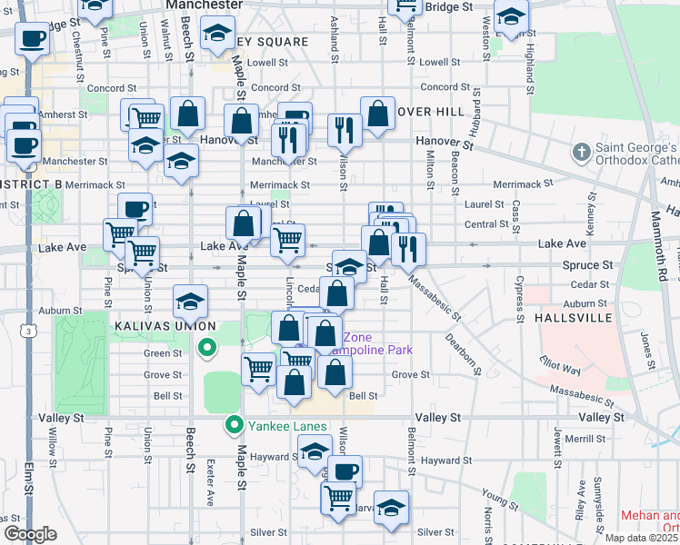 map of restaurants, bars, coffee shops, grocery stores, and more near 403 Lake Avenue in Manchester