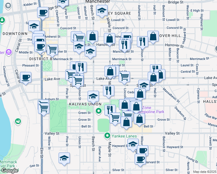 map of restaurants, bars, coffee shops, grocery stores, and more near 311 Lake Avenue in Manchester