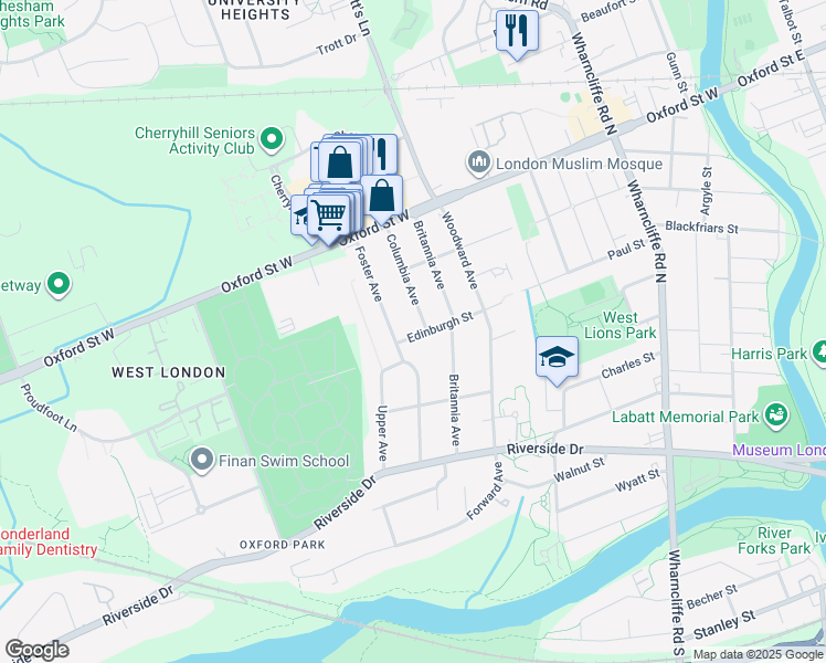 map of restaurants, bars, coffee shops, grocery stores, and more near 253 Edinburgh Street in London