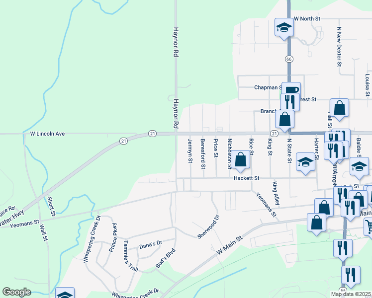 map of restaurants, bars, coffee shops, grocery stores, and more near 1115 West Lincoln Avenue in Ionia
