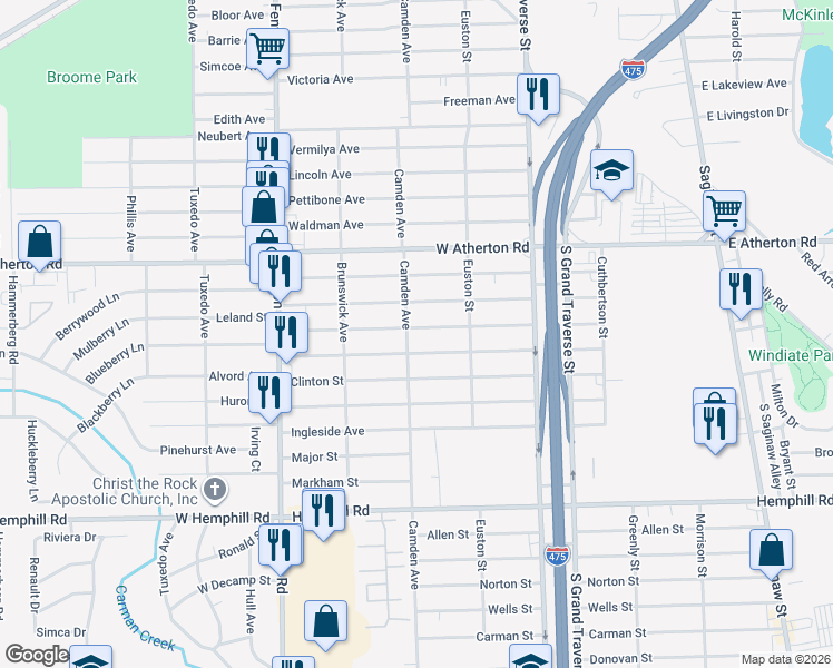 map of restaurants, bars, coffee shops, grocery stores, and more near 749 Leland Street in Flint