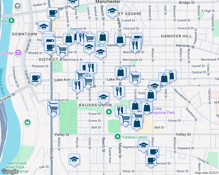 map of restaurants, bars, coffee shops, grocery stores, and more near 219 Spruce Street in Manchester